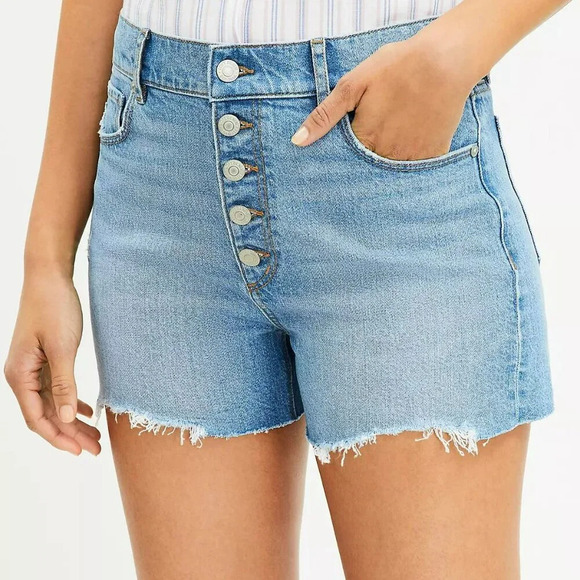 LOFT Pants - LOFT Button Front High Rise Destructed Cut Off Denim Shorts Mid Indigo Wash SZ 4